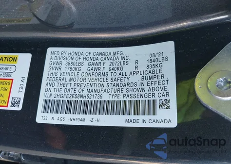 2022 Honda Civic Sport z USA, uszkodzony, nr VIN 2HGFE2F58NH521739